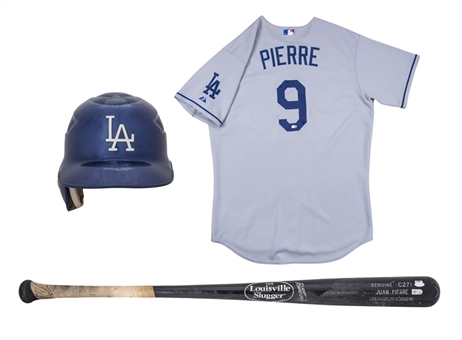 Lot of (3) 2007 Juan Pierre Game Used Los Angeles Dodgers Road Jersey with Game Used Bat and Batting Helmet (Dodgers-Steiner & MLB Authenticated)